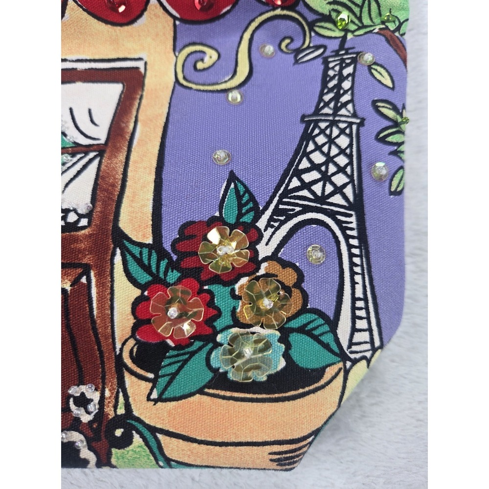 Y2K Paris Cafe Tote Bag Novelty Eiffel Tower Print Rhinestone Sequin Purse - Picture 3 of 15